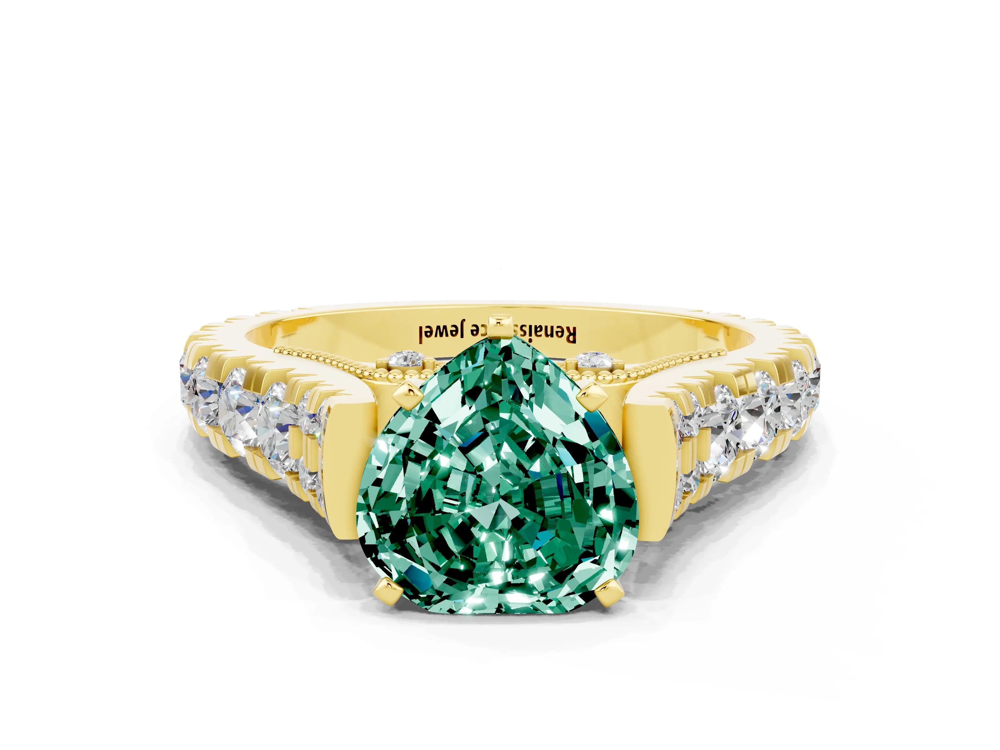 Yellow gold Heart Cut Green Sapphire Classic Solitaire Ring with Pavé Band and Four-Prong Setting
