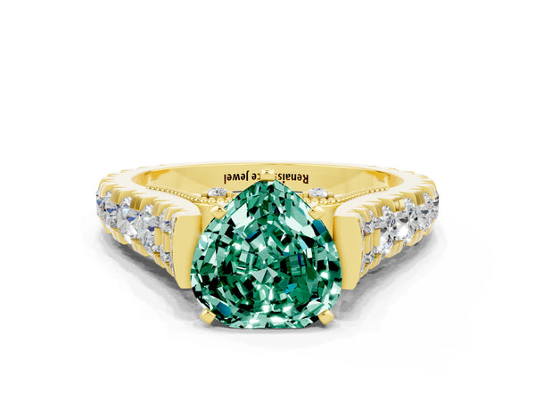 Yellow gold Heart Cut Green Sapphire Classic Solitaire Ring with Pavé Band and Four-Prong Setting