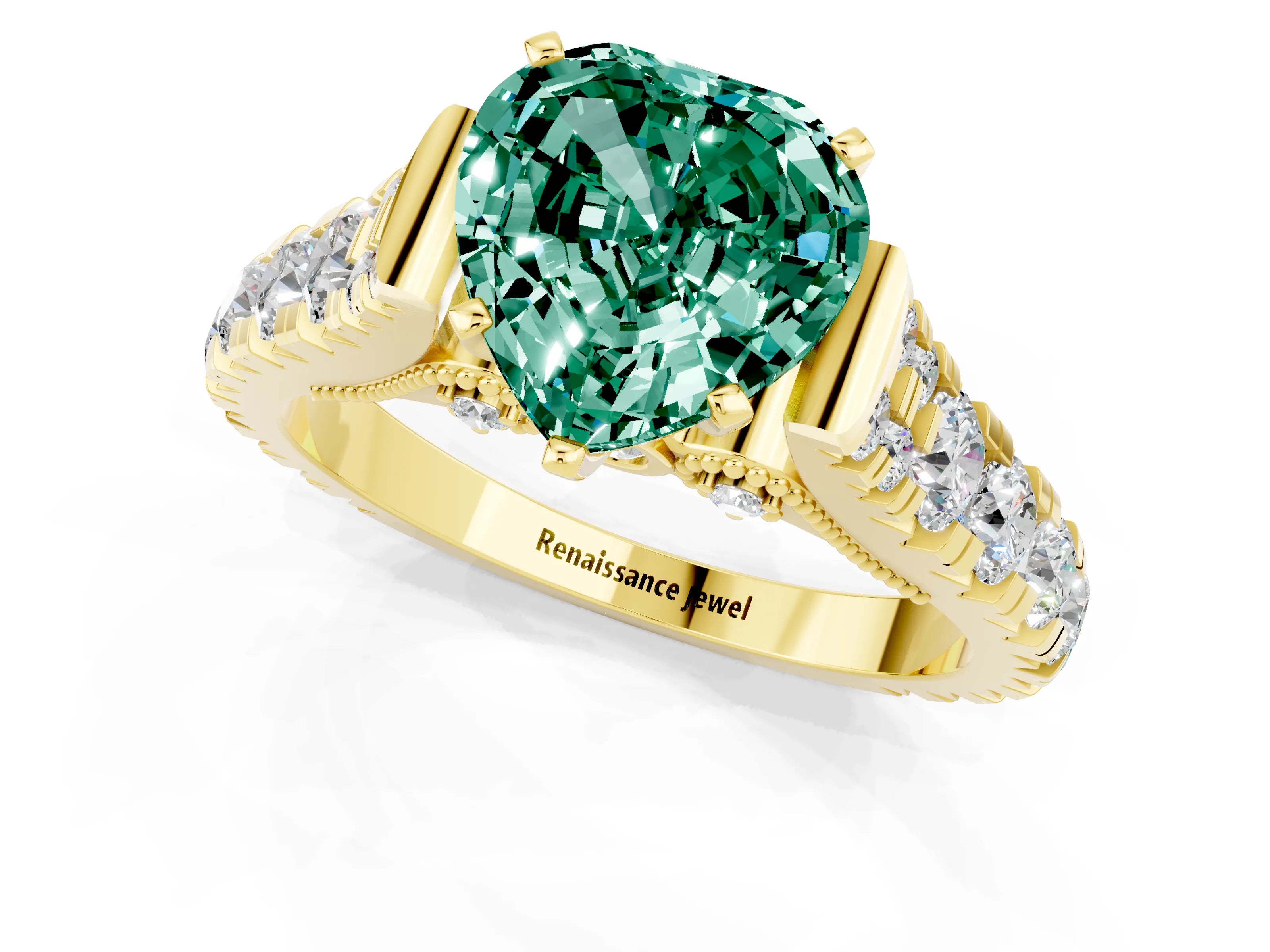 Yellow gold Heart Cut Green Sapphire Classic Solitaire Ring with Pavé Band and Four-Prong Setting_1