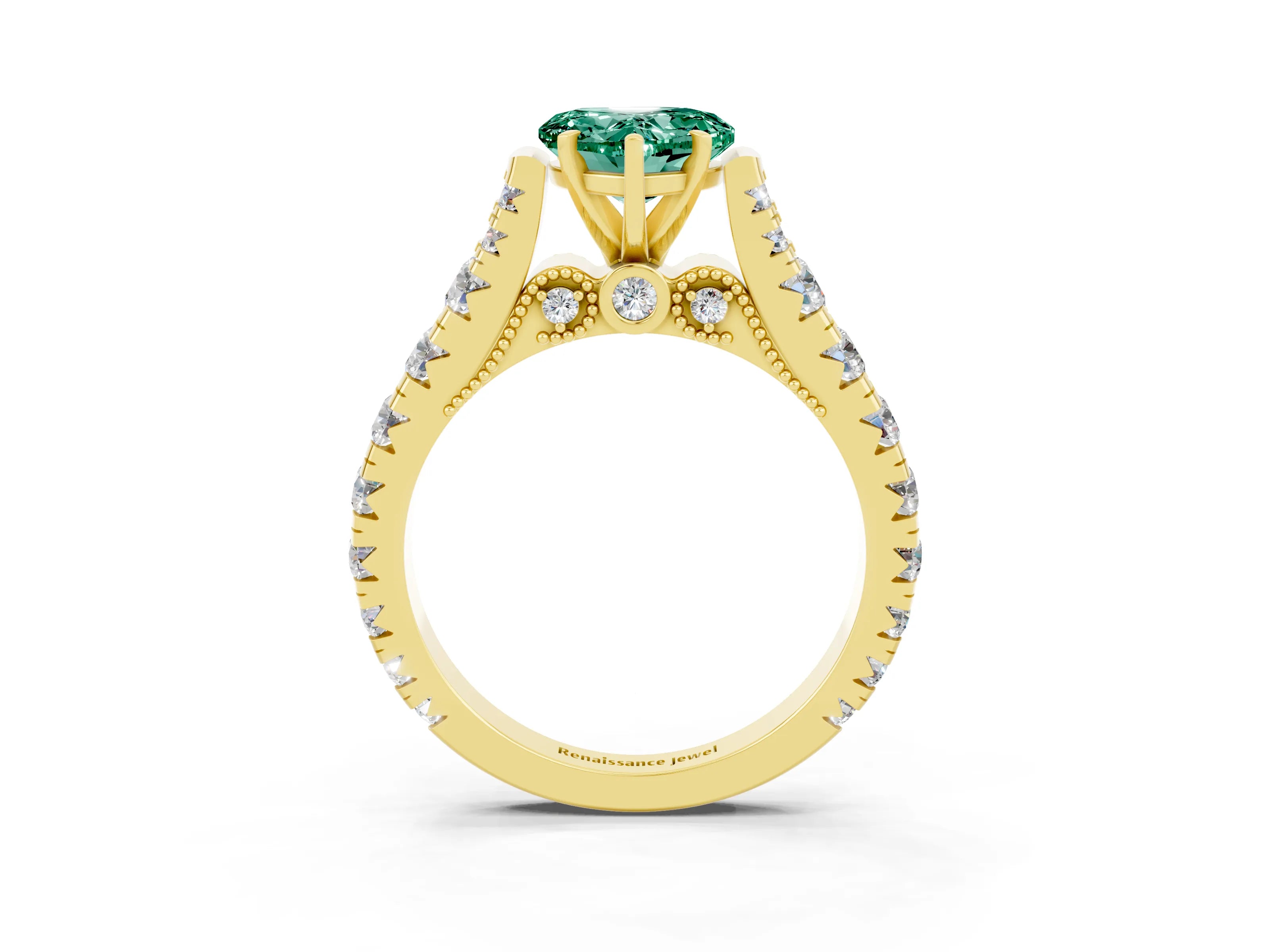 Yellow gold Heart Cut Green Sapphire Classic Solitaire Ring with Pavé Band and Four-Prong Setting_3