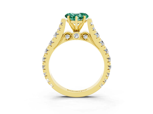 Yellow gold Heart Cut Green Sapphire Classic Solitaire Ring with Pavé Band and Four-Prong Setting