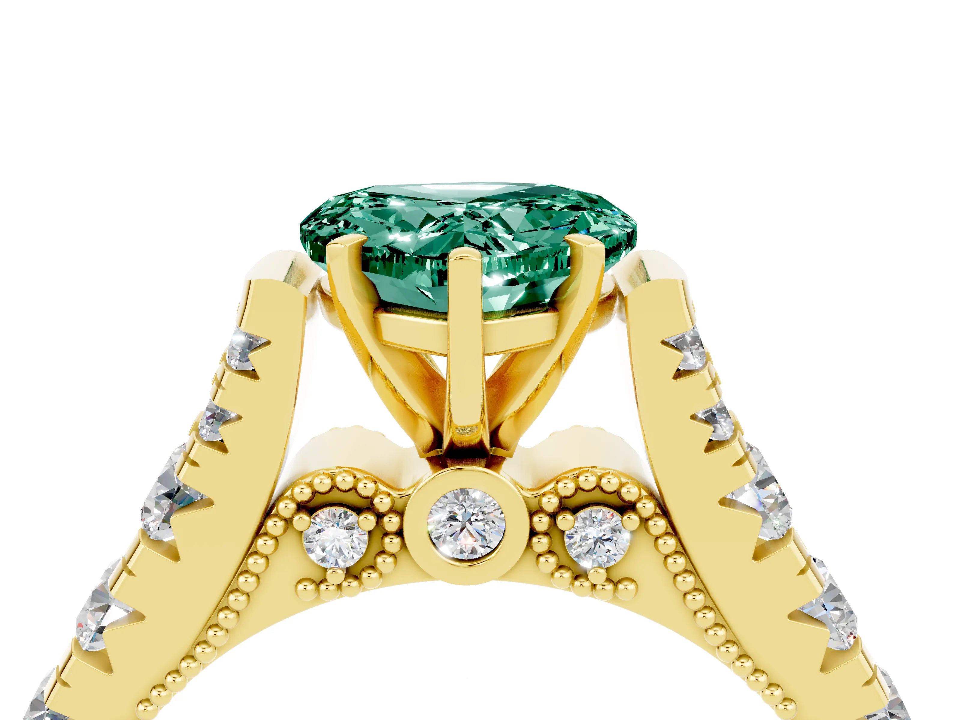 Yellow gold Heart Cut Green Sapphire Classic Solitaire Ring with Pavé Band and Four-Prong Setting_4