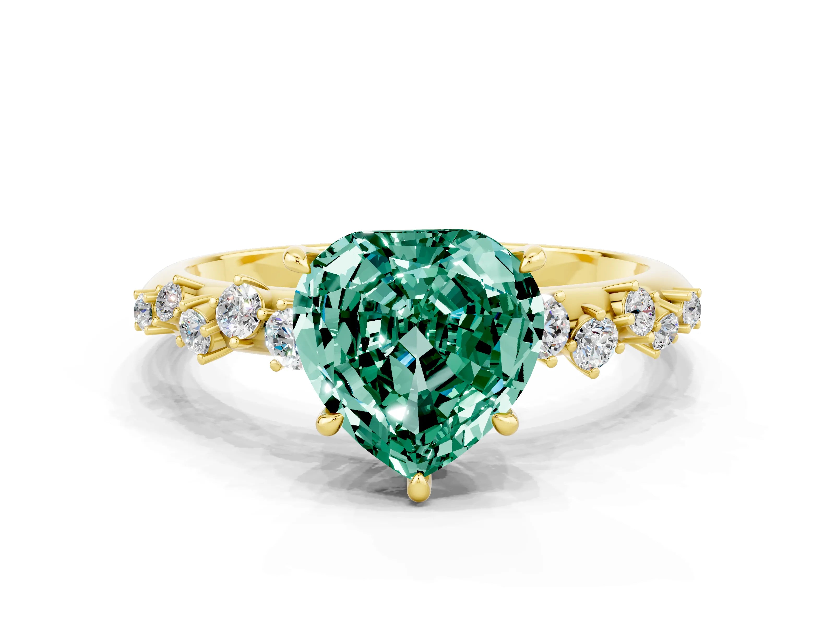 Yellow gold Heart Cut Green Sapphire Cluster Side Stone Solitaire Ring with Prong Setting_24