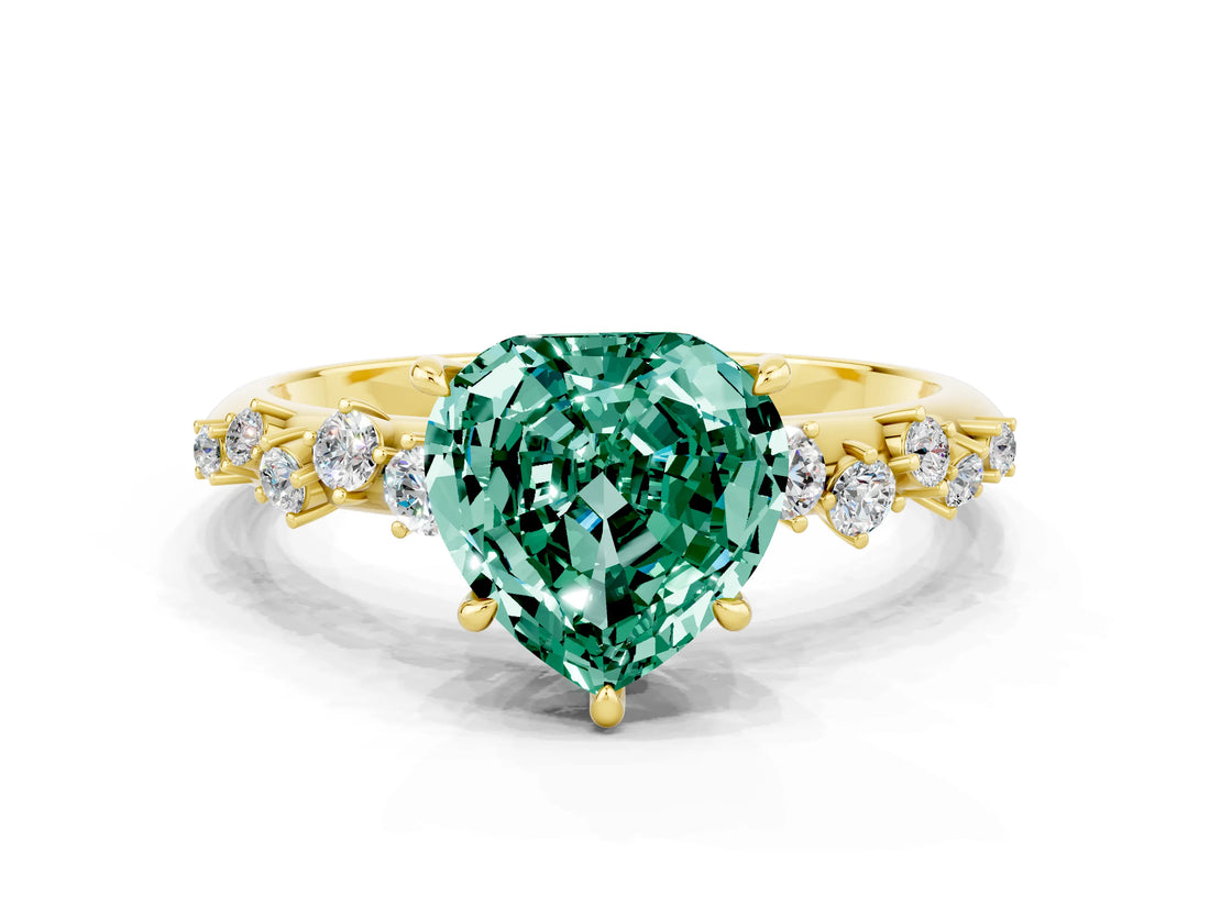 Yellow gold Heart Cut Green Sapphire Cluster Side Stone Solitaire Ring with Prong Setting_24