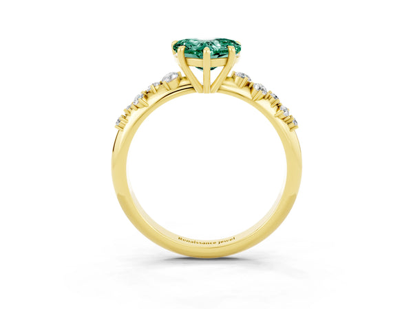Yellow gold Heart Cut Green Sapphire Cluster Side Stone Solitaire Ring with Prong Setting