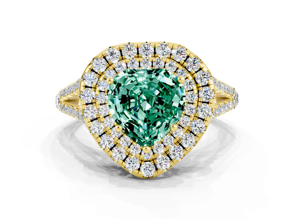 Yellow gold Heart Cut Green Sapphire Double Halo Ring with Pavé Band and Prong Setting