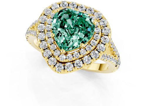 Yellow gold Heart Cut Green Sapphire Double Halo Ring with Pavé Band and Prong Setting_13