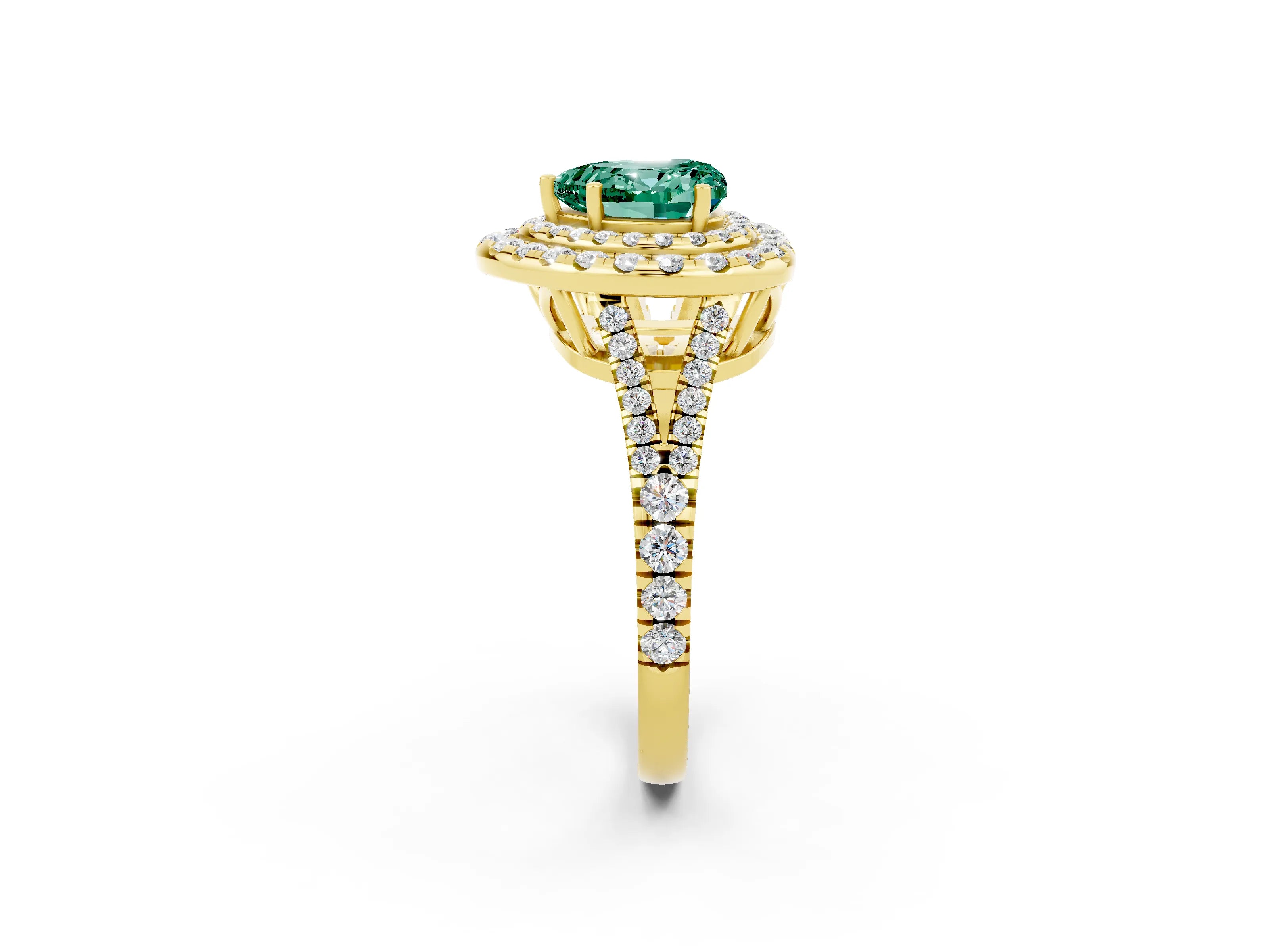 Yellow gold Heart Cut Green Sapphire Double Halo Ring with Pavé Band and Prong Setting_14