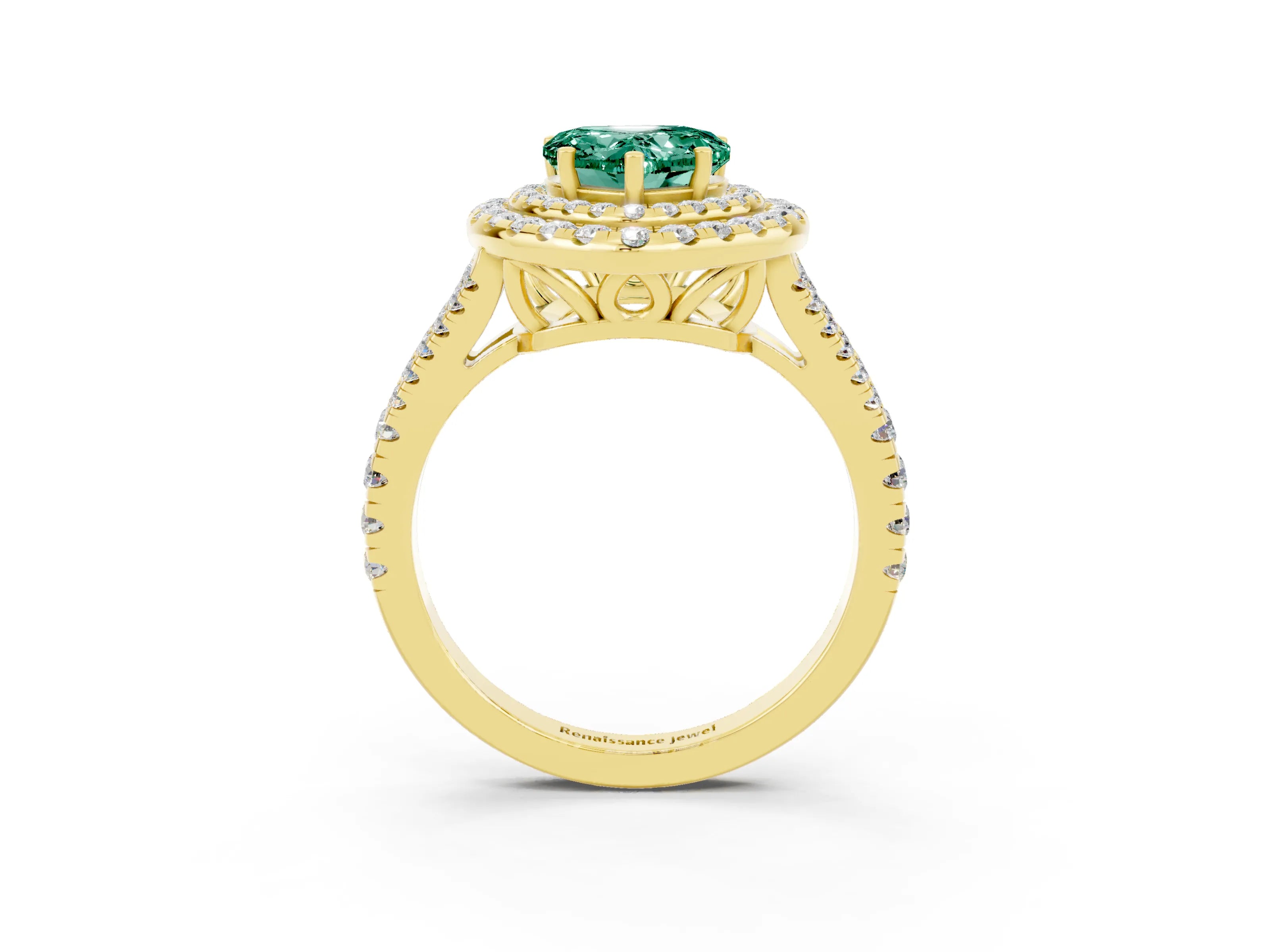 Yellow gold Heart Cut Green Sapphire Double Halo Ring with Pavé Band and Prong Setting_15