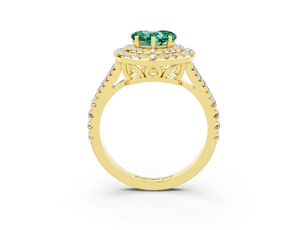 Yellow gold Heart Cut Green Sapphire Double Halo Ring with Pavé Band and Prong Setting