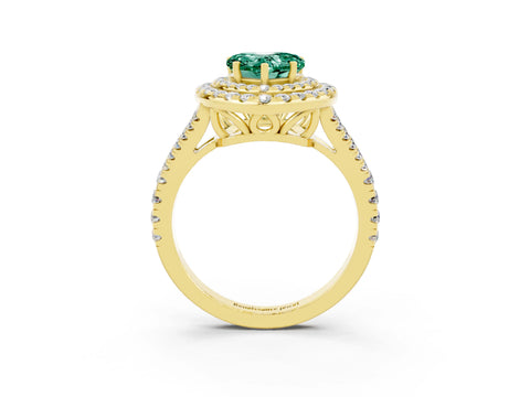 Yellow gold Heart Cut Green Sapphire Double Halo Ring with Pavé Band and Prong Setting_15