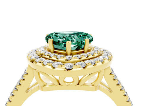 Yellow gold Heart Cut Green Sapphire Double Halo Ring with Pavé Band and Prong Setting_16