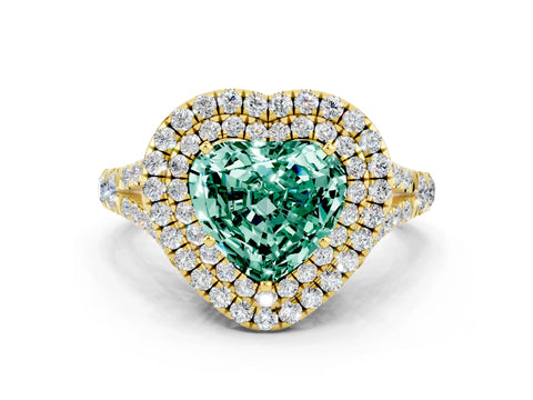 Yellow gold Heart Cut Green Sapphire Double Halo Ring with Split Shank and Prong Setting_12