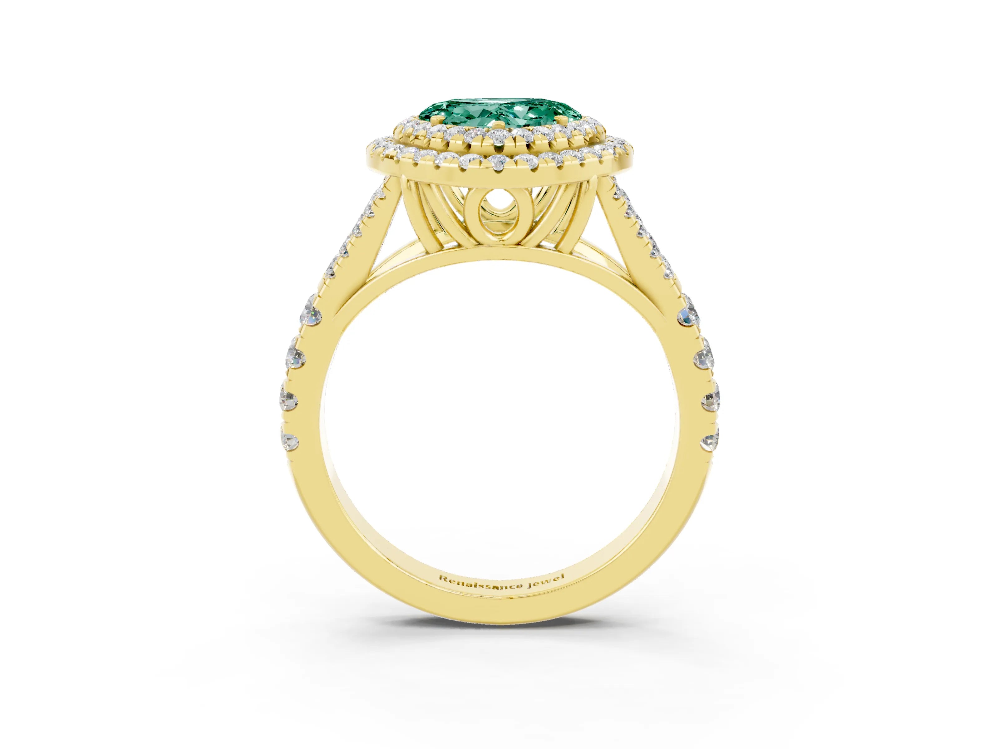 Yellow gold Heart Cut Green Sapphire Double Halo Ring with Split Shank and Prong Setting_15