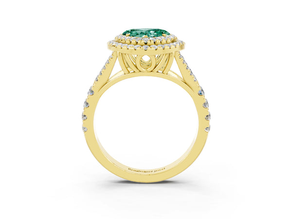 Yellow gold Heart Cut Green Sapphire Double Halo Ring with Split Shank and Prong Setting