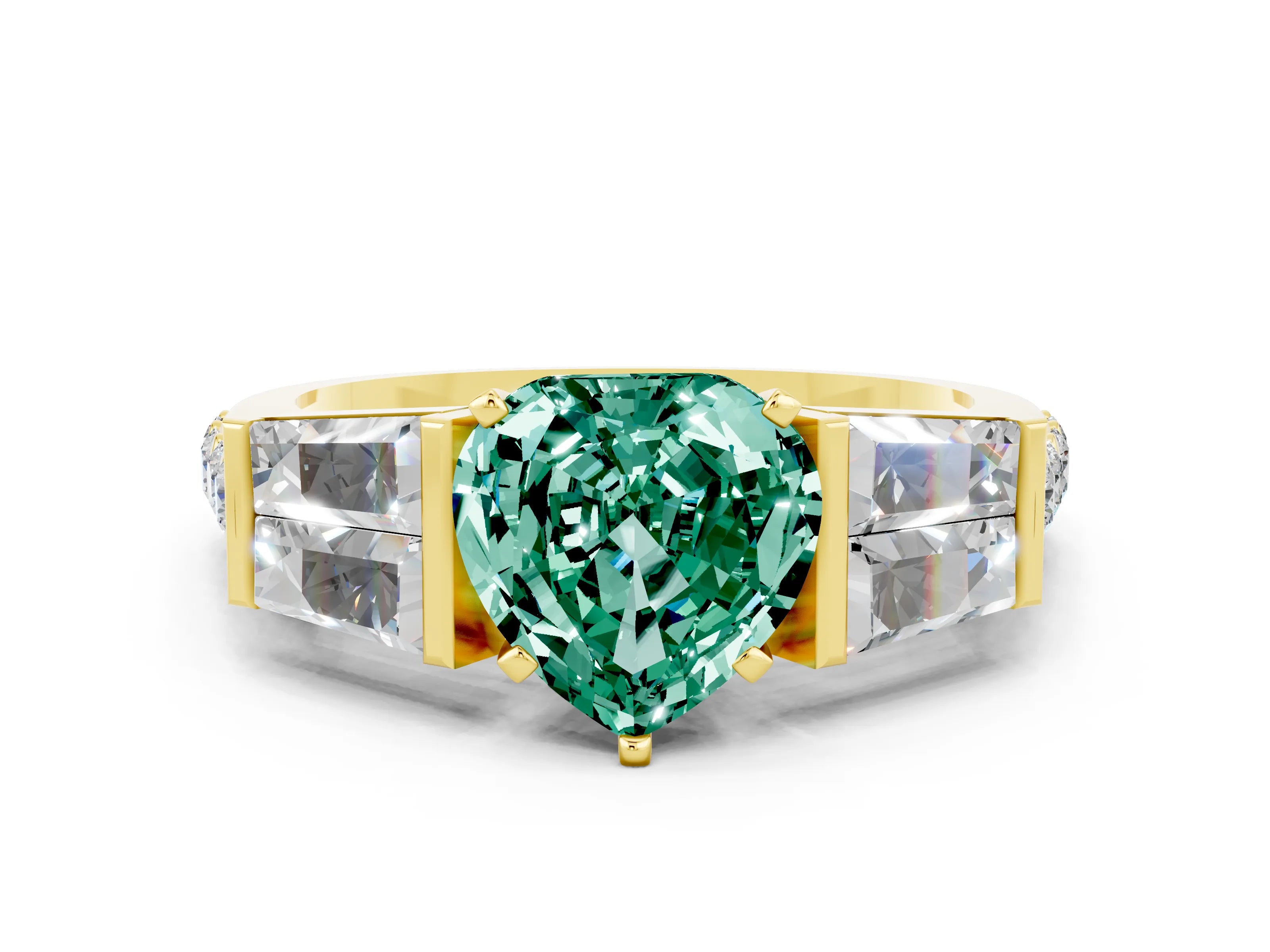 Yellow gold Heart Cut Green Sapphire Engagement Ring with Baguette Side Stones and Channel Set Band