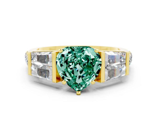 Yellow gold Heart Cut Green Sapphire Engagement Ring with Baguette Side Stones and Channel Set Band