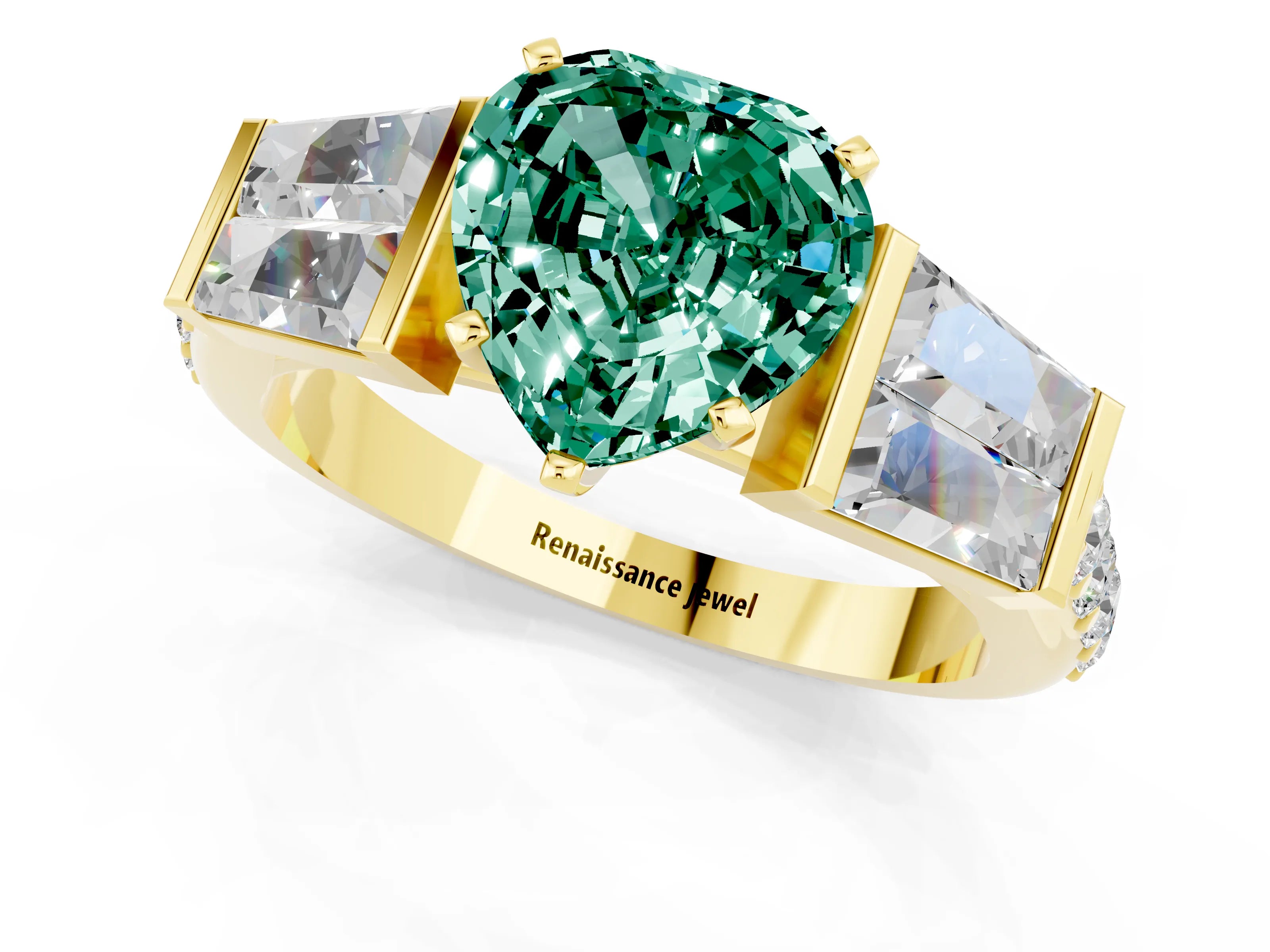 Yellow gold Heart Cut Green Sapphire Engagement Ring with Baguette Side Stones and Channel Set Band_1