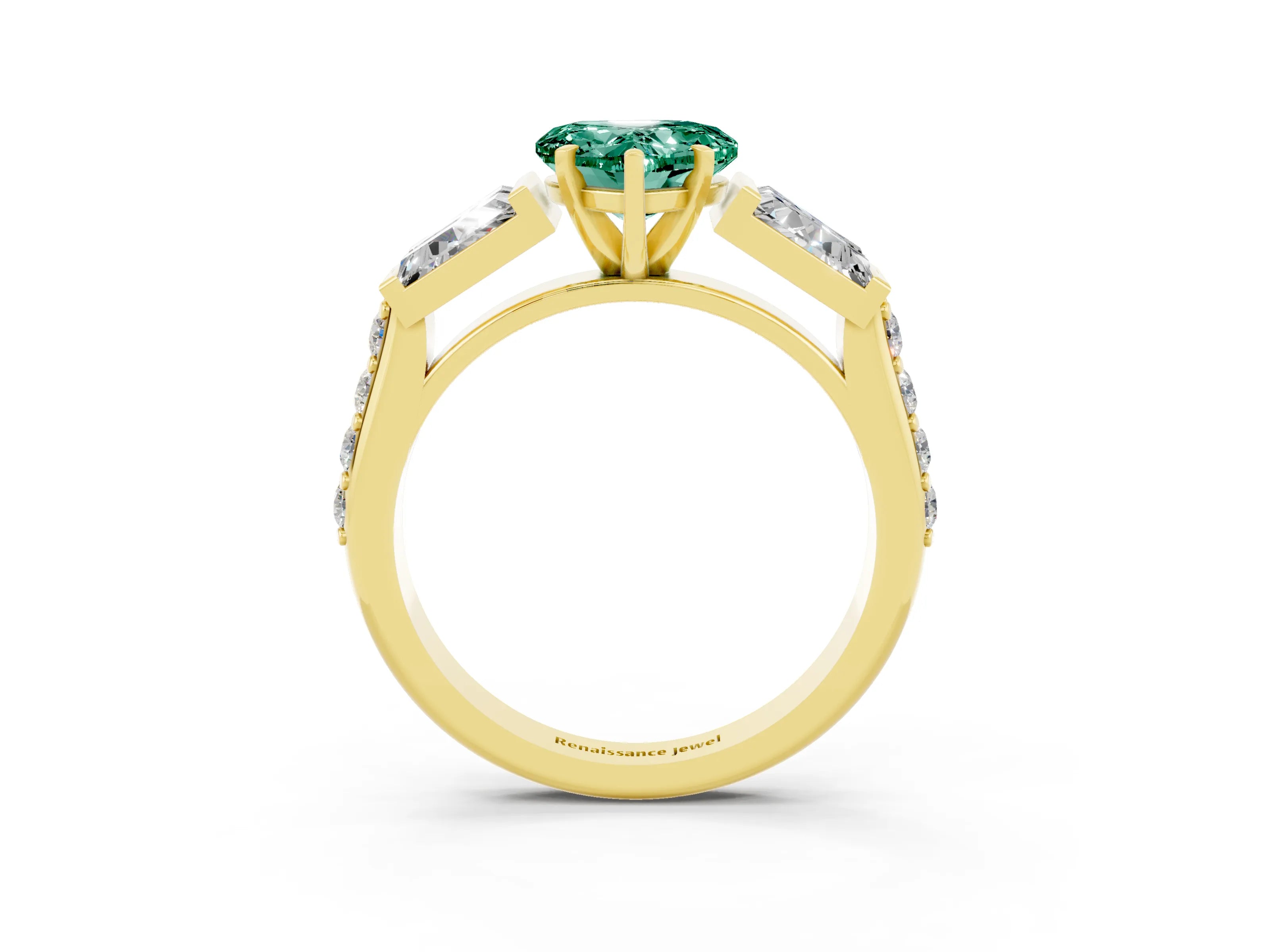 Yellow gold Heart Cut Green Sapphire Engagement Ring with Baguette Side Stones and Channel Set Band_3