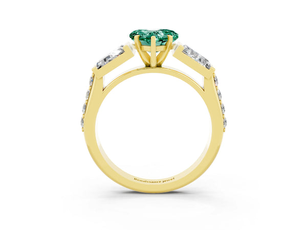 Yellow gold Heart Cut Green Sapphire Engagement Ring with Baguette Side Stones and Channel Set Band
