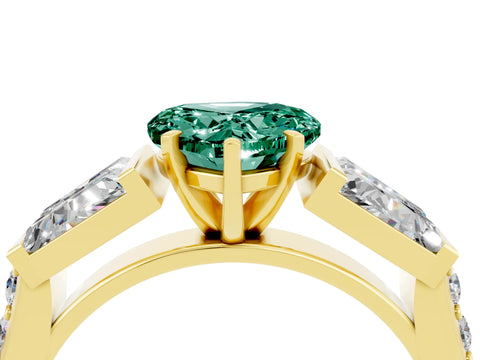 Yellow gold Heart Cut Green Sapphire Engagement Ring with Baguette Side Stones and Channel Set Band_4