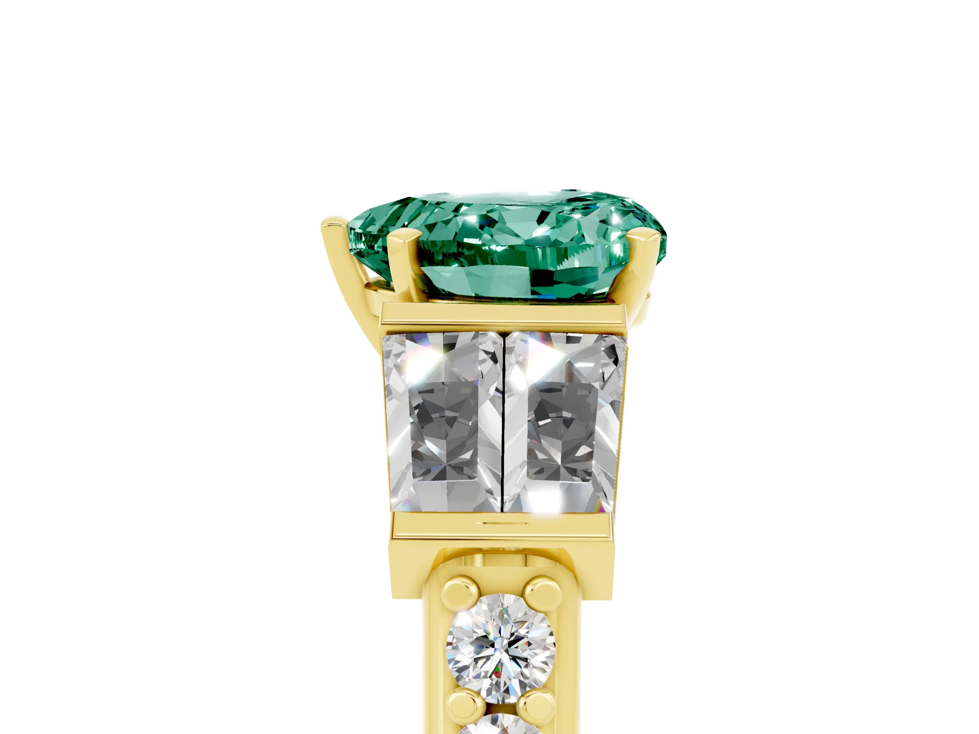 Yellow gold Heart Cut Green Sapphire Engagement Ring with Baguette Side Stones and Channel Set Band_5