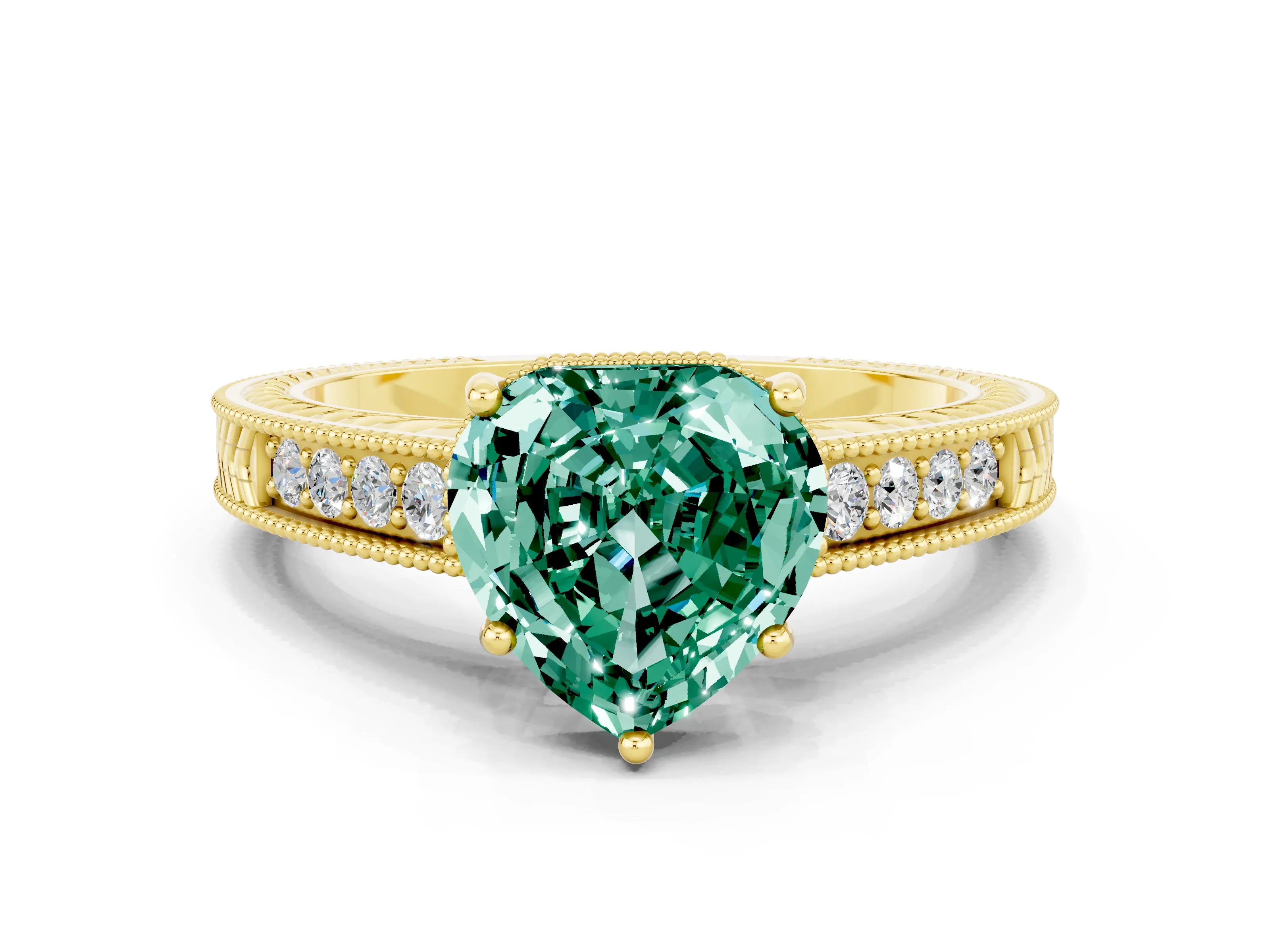 Yellow gold Heart Cut Green Sapphire Engagement Ring with Milgrain Channel Set Band and Prong Setting