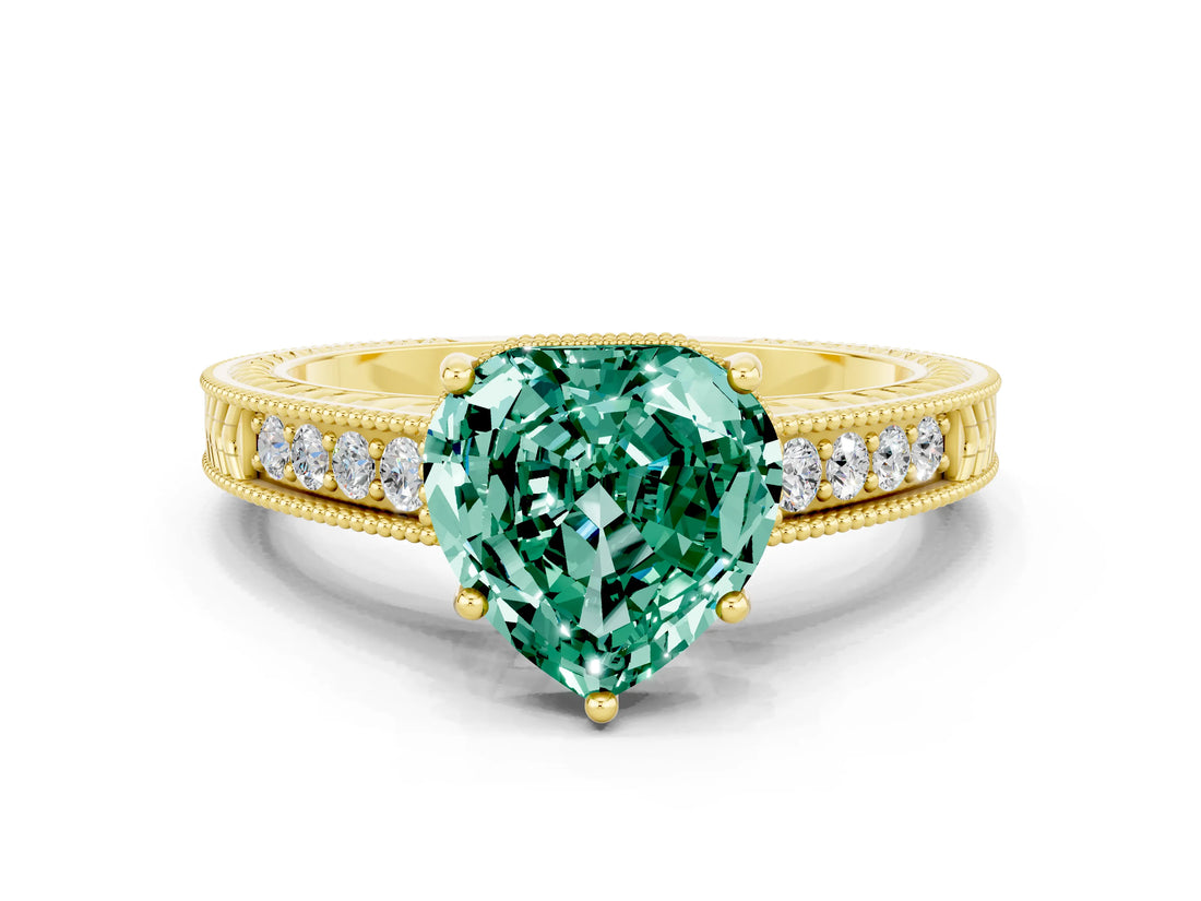 Yellow gold Heart Cut Green Sapphire Engagement Ring with Milgrain Channel Set Band and Prong Setting