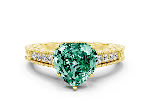 Yellow gold Heart Cut Green Sapphire Engagement Ring with Milgrain Channel Set Band and Prong Setting