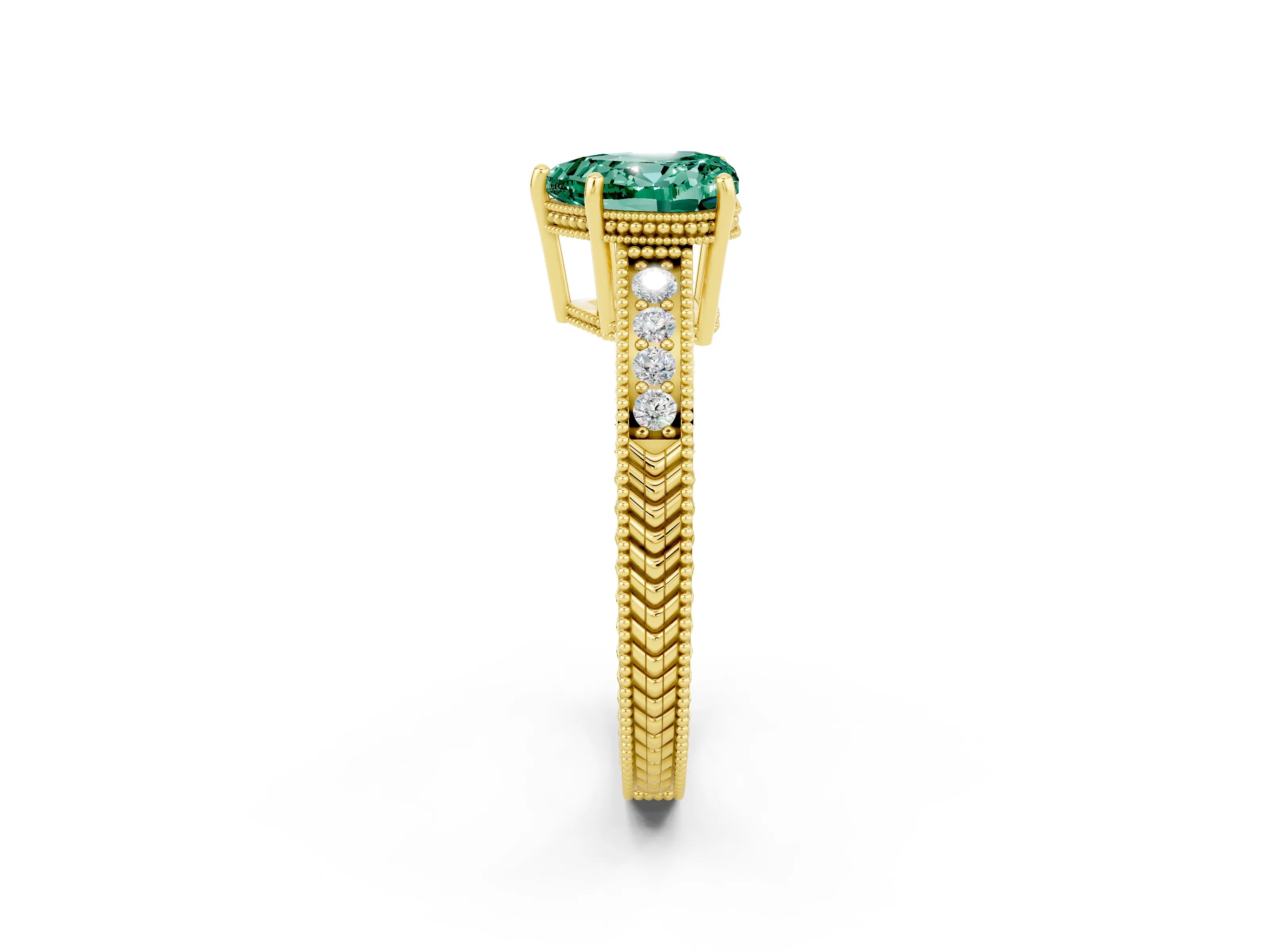 Yellow gold Heart Cut Green Sapphire Engagement Ring with Milgrain Channel Set Band and Prong Setting_2