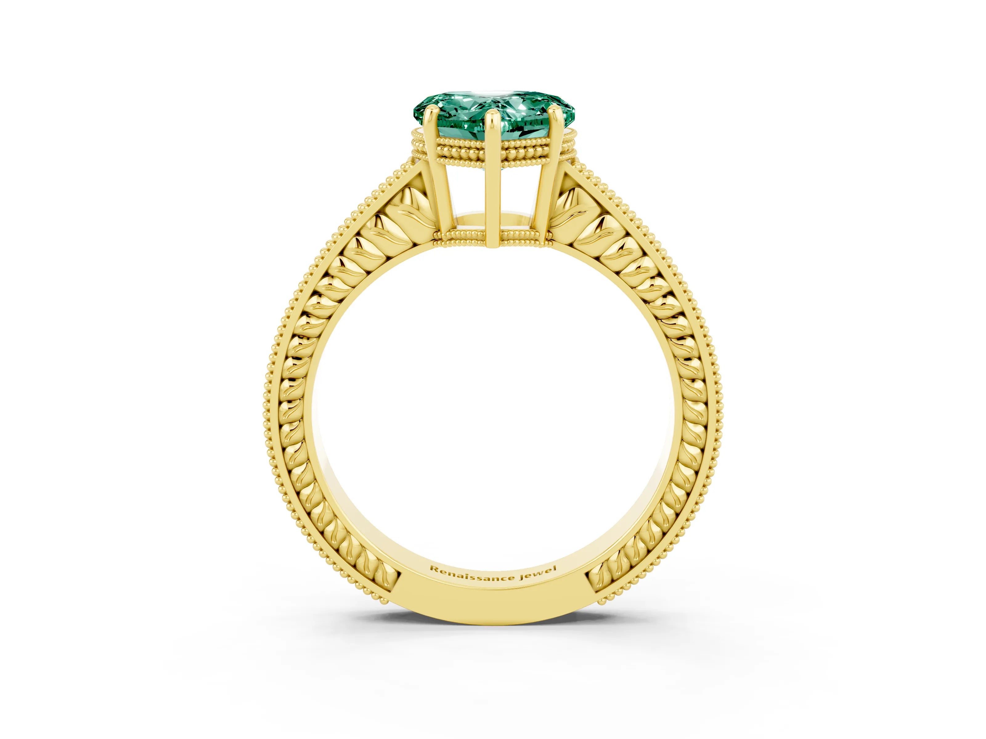 Yellow gold Heart Cut Green Sapphire Engagement Ring with Milgrain Channel Set Band and Prong Setting_3