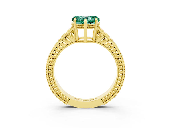 Yellow gold Heart Cut Green Sapphire Engagement Ring with Milgrain Channel Set Band and Prong Setting