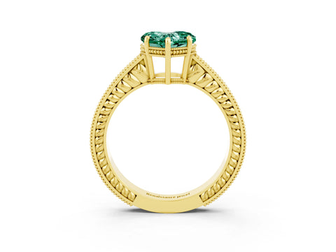Yellow gold Heart Cut Green Sapphire Engagement Ring with Milgrain Channel Set Band and Prong Setting_3