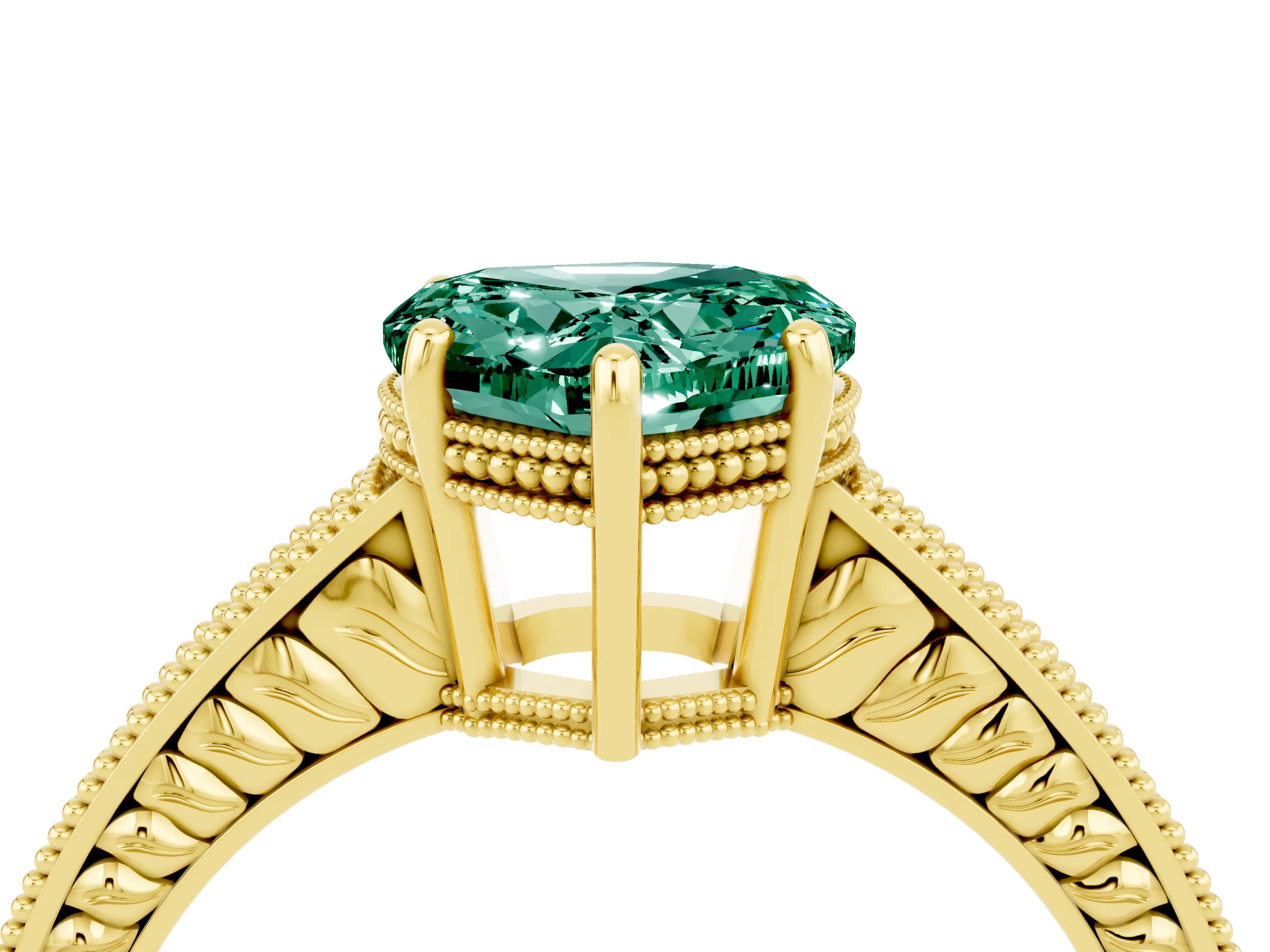 Yellow gold Heart Cut Green Sapphire Engagement Ring with Milgrain Channel Set Band and Prong Setting_4