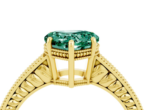 Yellow gold Heart Cut Green Sapphire Engagement Ring with Milgrain Channel Set Band and Prong Setting_4