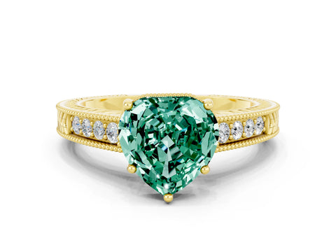 Yellow gold Heart Cut Green Sapphire Engagement Ring with Milgrain Channel Set Band and Prong Setting