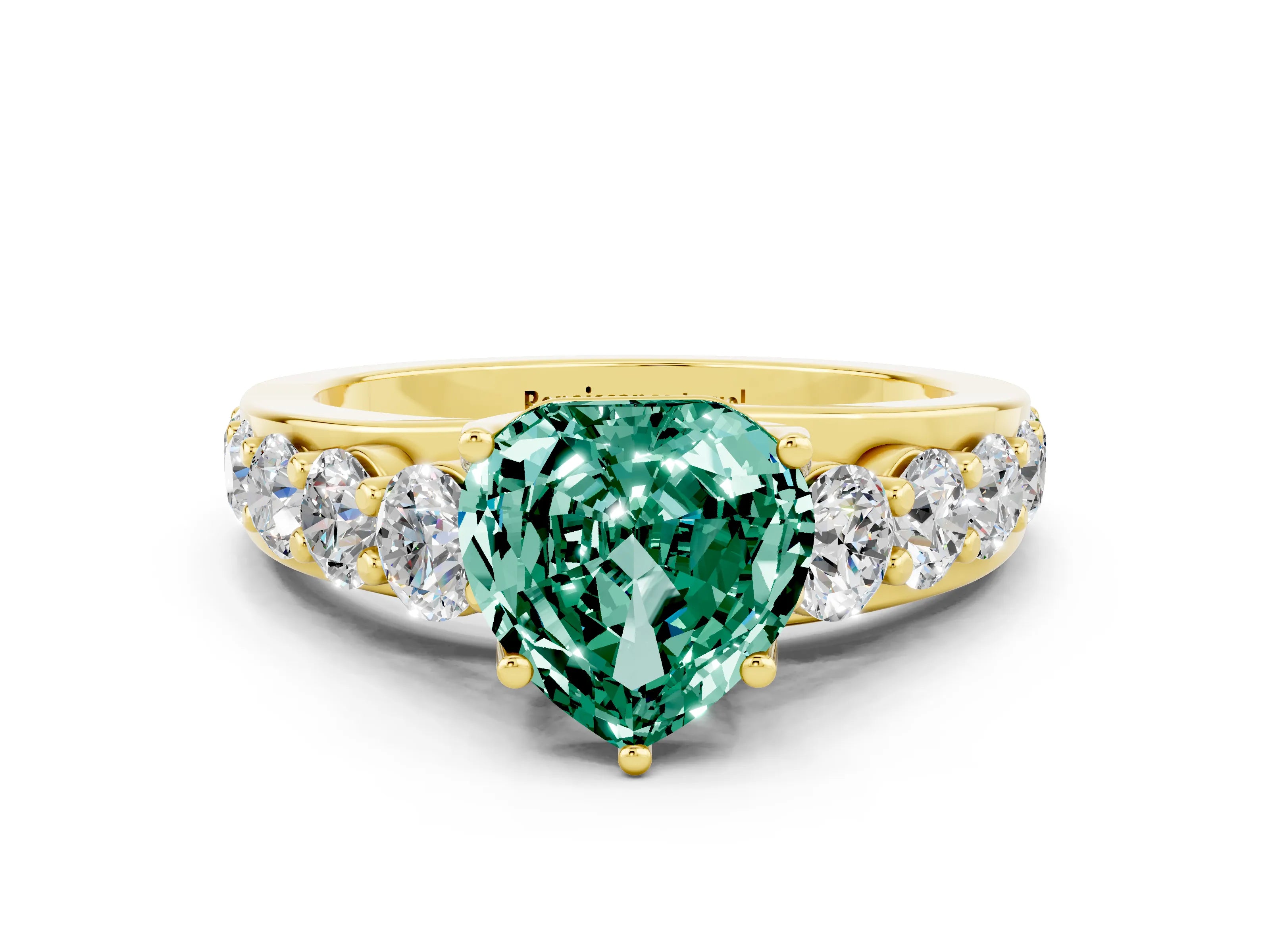 Yellow gold Heart Cut Green Sapphire Engagement Ring with Pavé Band and Four-Prong Setting
