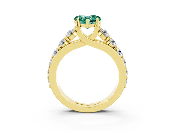 Yellow gold Heart Cut Green Sapphire Engagement Ring with Pavé Band and Four-Prong Setting