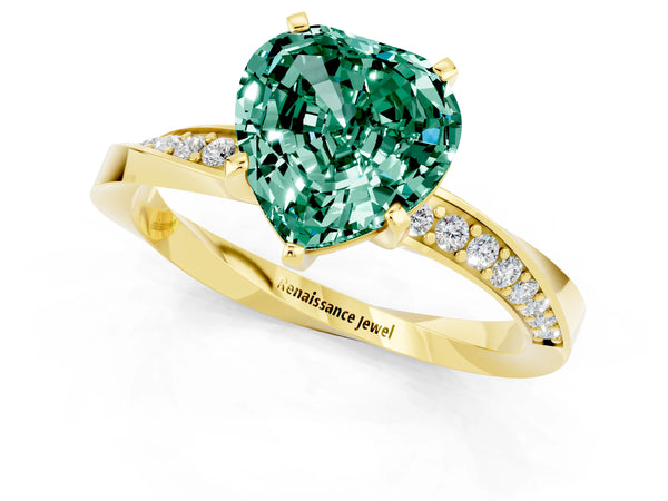 Yellow gold Heart Cut Green Sapphire Engagement Ring with Side Stone Accents and Four-Prong Setting