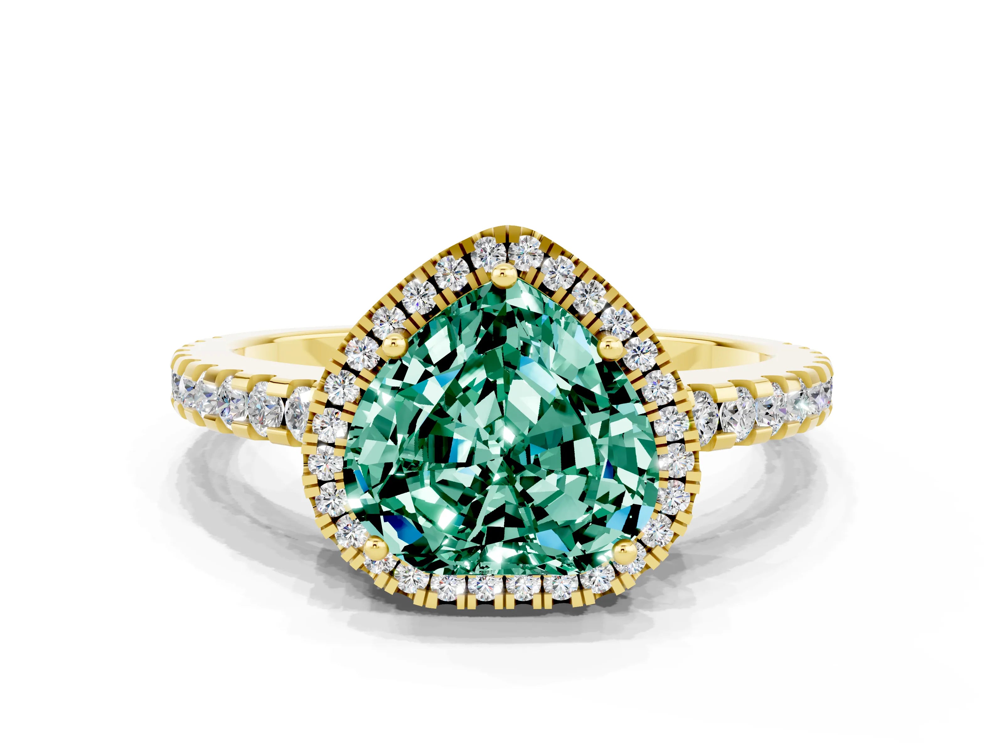 Yellow gold Heart Cut Green Sapphire Halo Engagement Ring with Pavé Band and Prong Setting_12