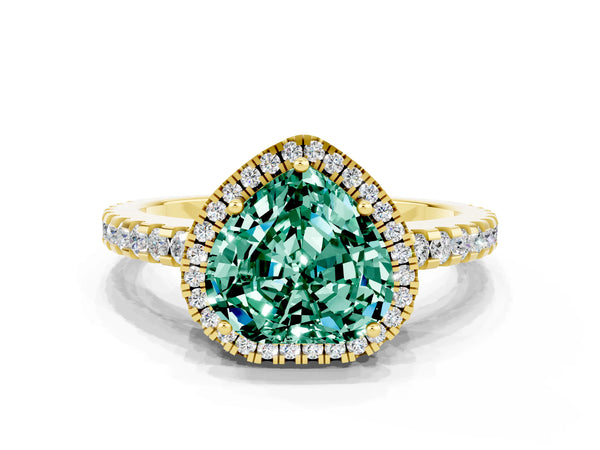 Yellow gold Heart Cut Green Sapphire Halo Engagement Ring with Pavé Band and Prong Setting