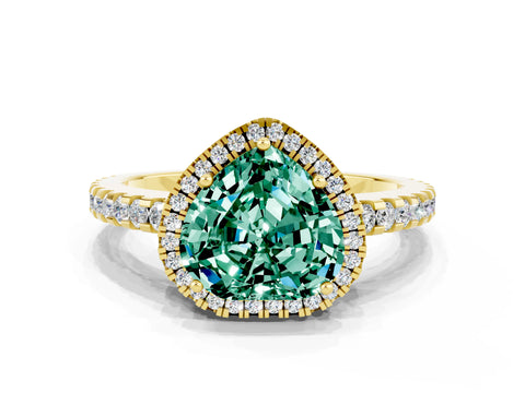 Yellow gold Heart Cut Green Sapphire Halo Engagement Ring with Pavé Band and Prong Setting_12
