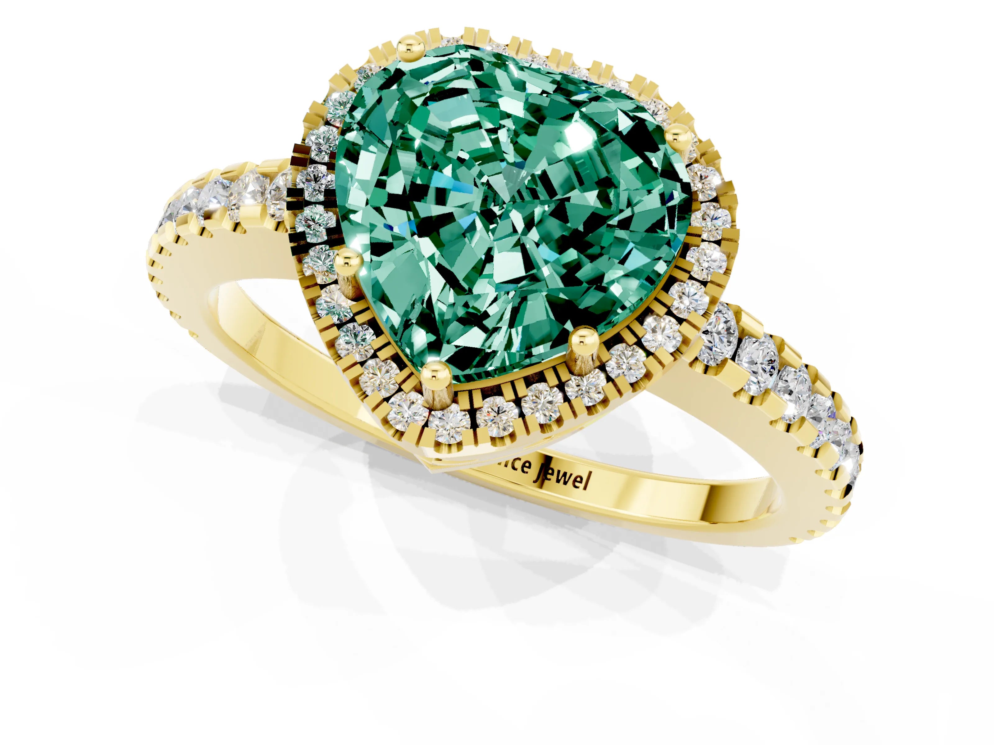 Yellow gold Heart Cut Green Sapphire Halo Engagement Ring with Pavé Band and Prong Setting_13