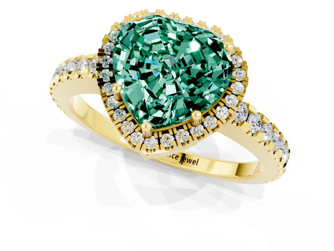 Yellow gold Heart Cut Green Sapphire Halo Engagement Ring with Pavé Band and Prong Setting_13