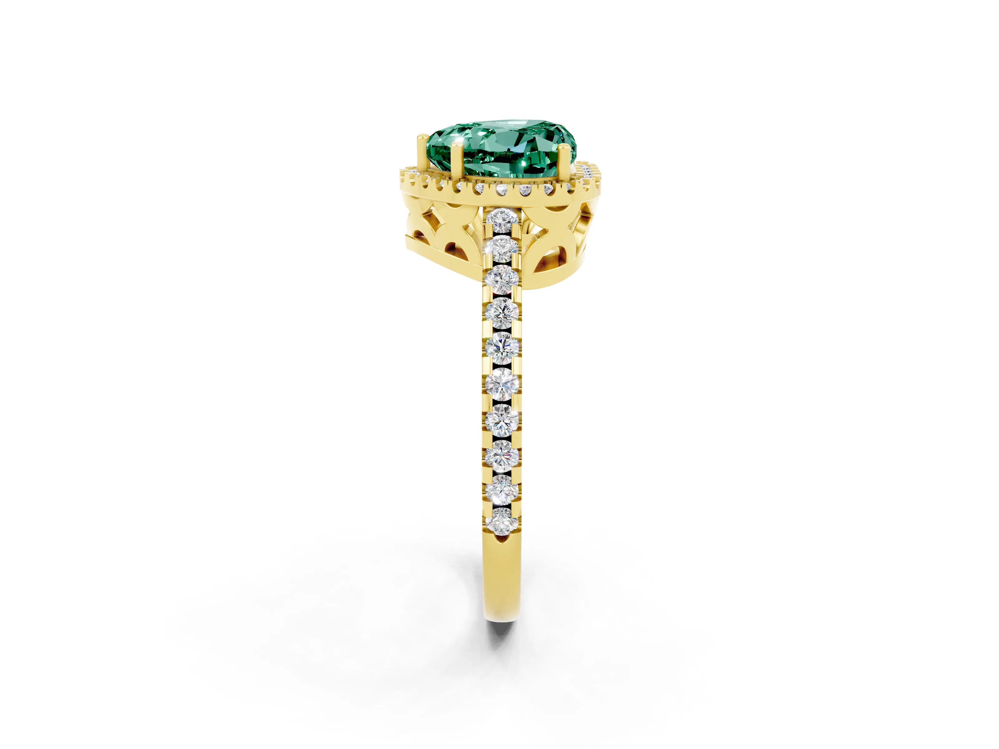 Yellow gold Heart Cut Green Sapphire Halo Engagement Ring with Pavé Band and Prong Setting_14