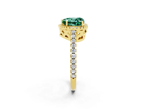 Yellow gold Heart Cut Green Sapphire Halo Engagement Ring with Pavé Band and Prong Setting_14