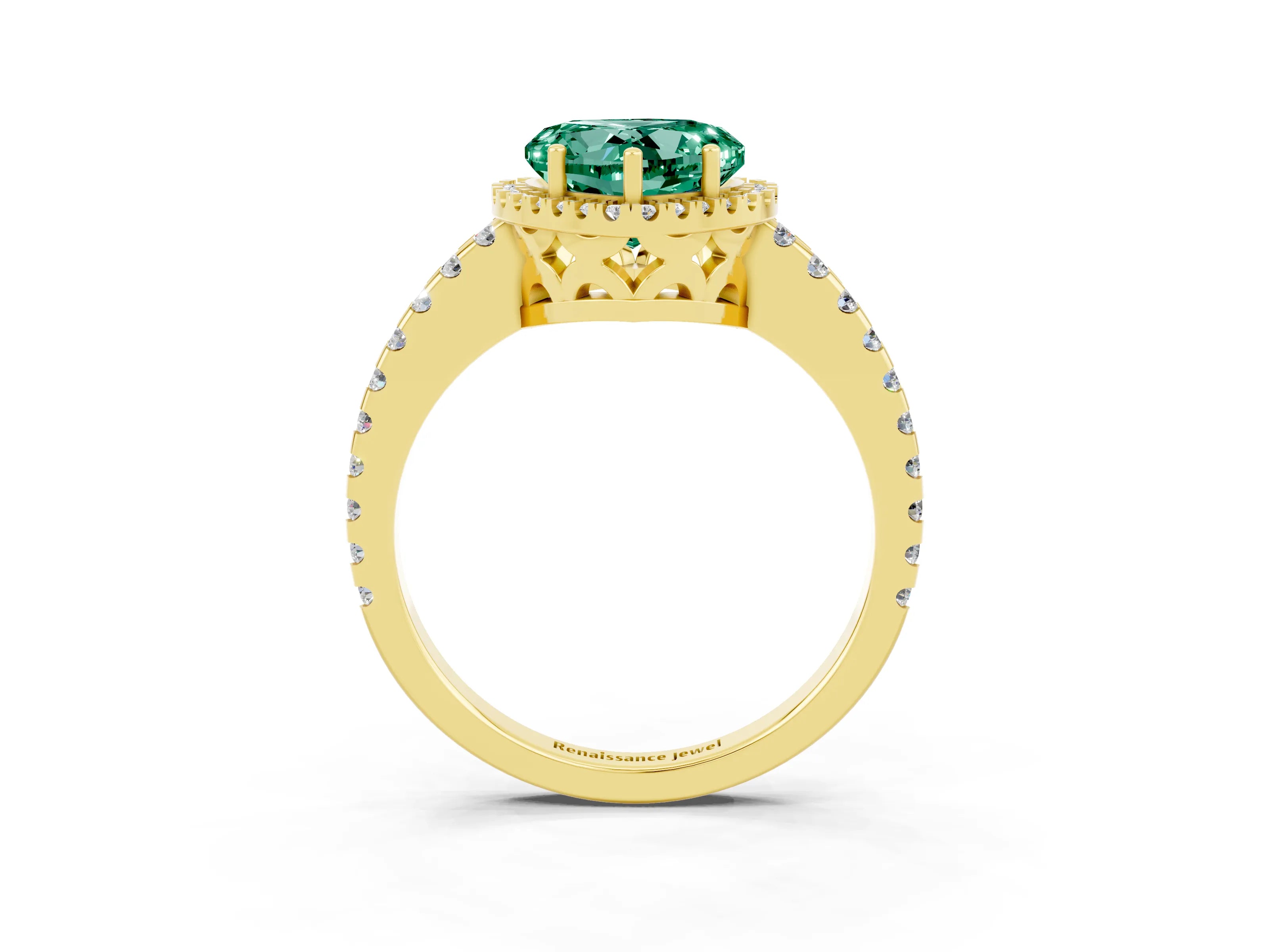 Yellow gold Heart Cut Green Sapphire Halo Engagement Ring with Pavé Band and Prong Setting_15