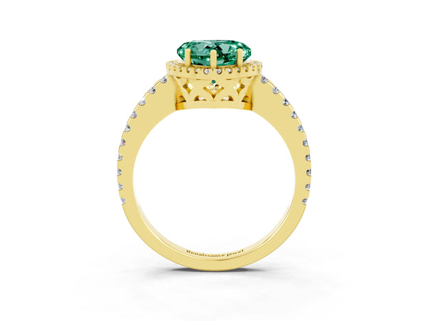 Yellow gold Heart Cut Green Sapphire Halo Engagement Ring with Pavé Band and Prong Setting