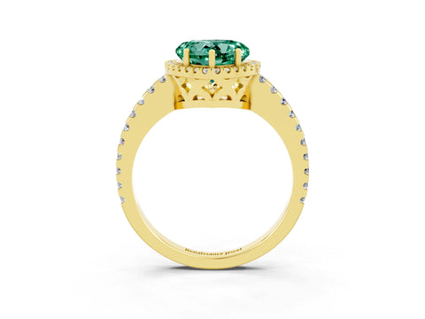 Yellow gold Heart Cut Green Sapphire Halo Engagement Ring with Pavé Band and Prong Setting_15