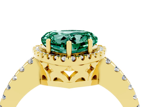 Yellow gold Heart Cut Green Sapphire Halo Engagement Ring with Pavé Band and Prong Setting_16